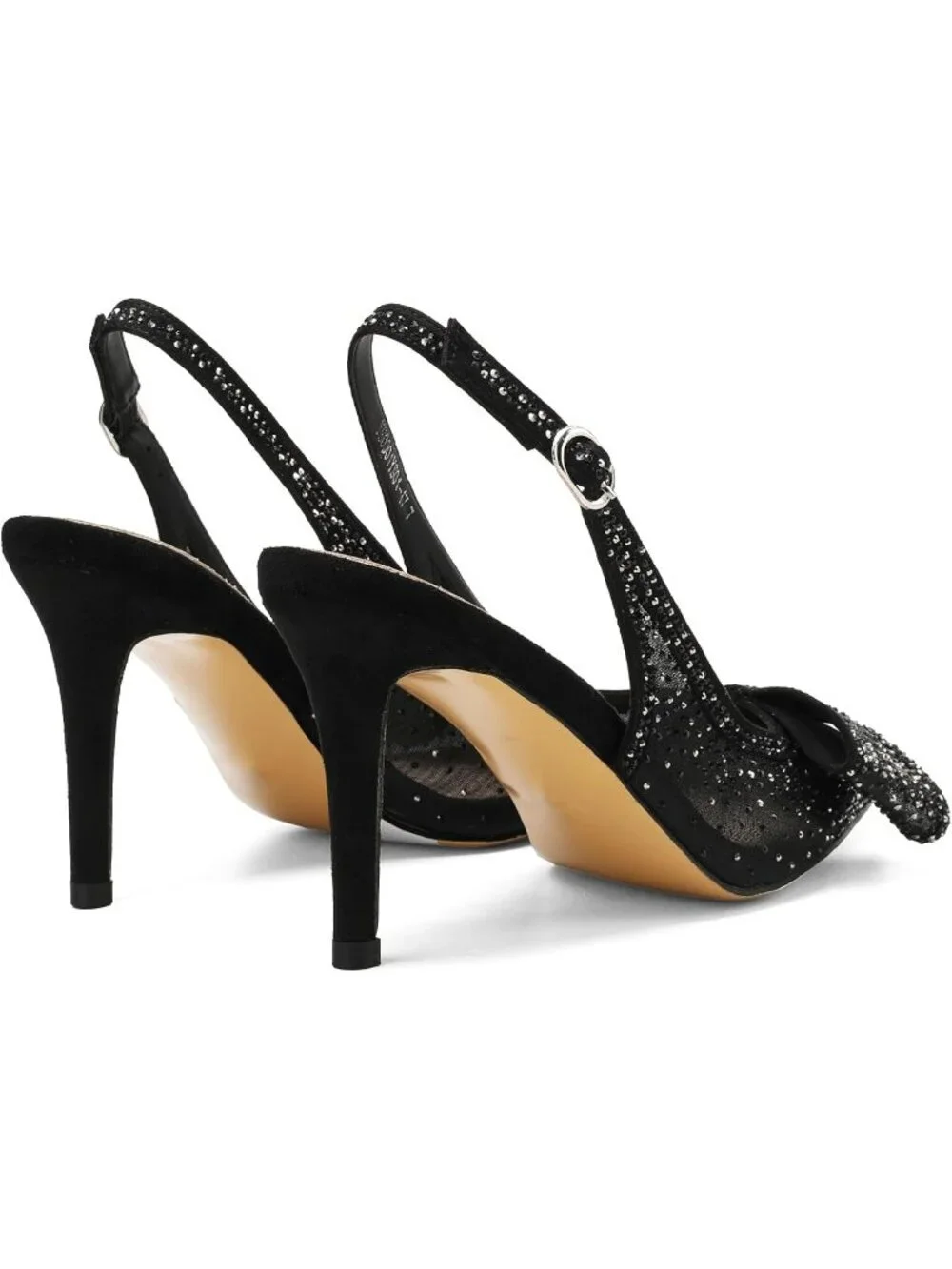 Women Mesh Black Rhinestone Slingback Heel with Bow Pointed Toe Pump Dress Shoes